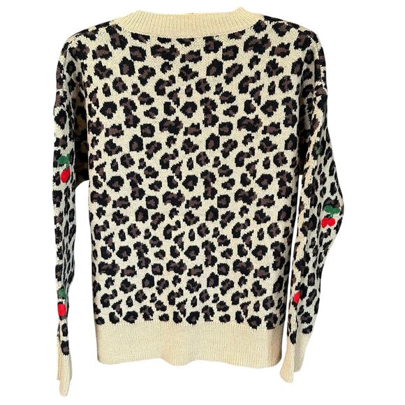 New! Leopard & Embroidered Cherry Crewneck One-Size Sweater Measurements Below - Picture 3 of 16